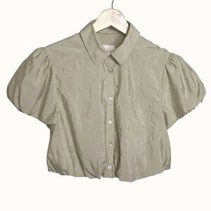 CINQ À SEPT Allinae Crop Button Top XS Beige Puff Sleeve Polished Minimal Blouse
